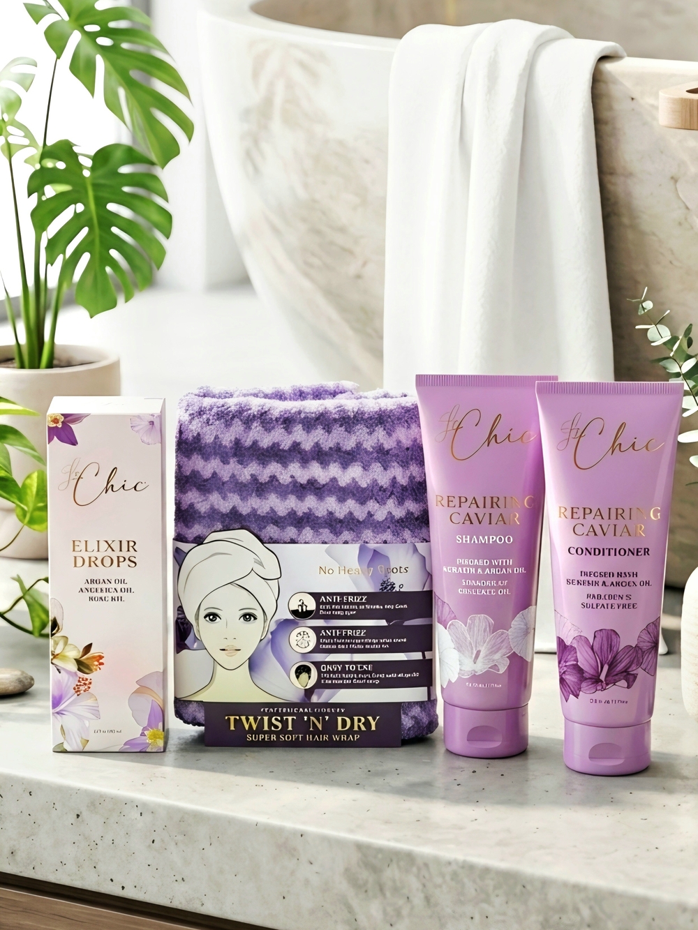 74% OFF! Le Chic Luxury Caviar Hair Care Set & Towel Bundle- MSRP $425+